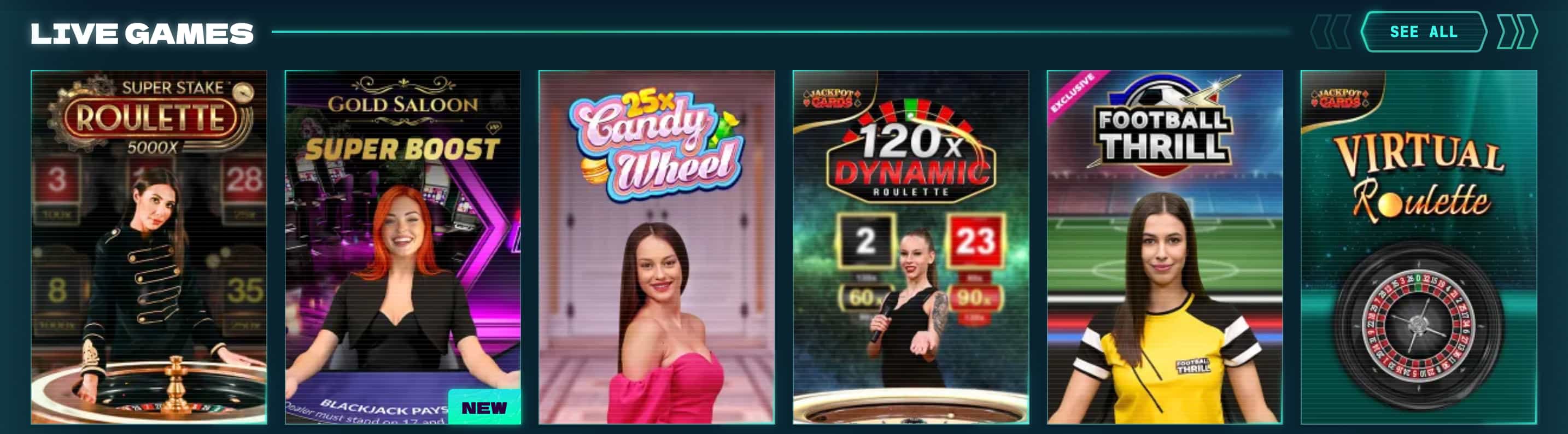 Illustration of a casino catalogue with live dealer tables and instant win games